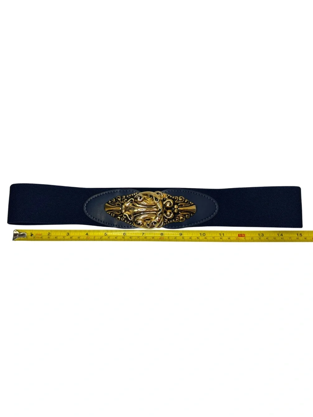 Vintage Day-Lor USA Navy Stretch Belt Ornate Gold Tone Statement Buckle